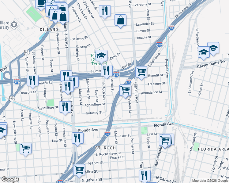 map of restaurants, bars, coffee shops, grocery stores, and more near 3013 Music Street in New Orleans