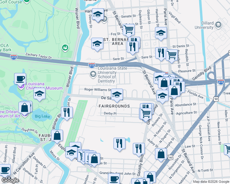 map of restaurants, bars, coffee shops, grocery stores, and more near 3338 Roger Williams Street in New Orleans