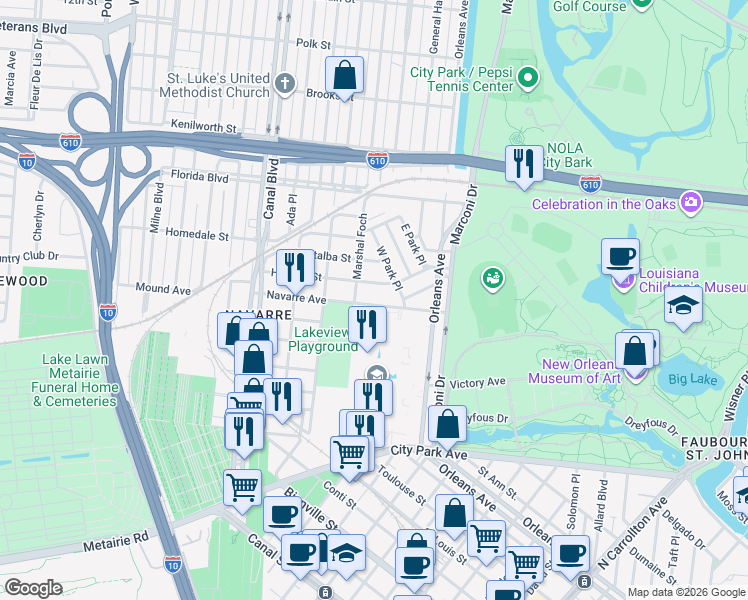 map of restaurants, bars, coffee shops, grocery stores, and more near 917 Navarre Avenue in New Orleans