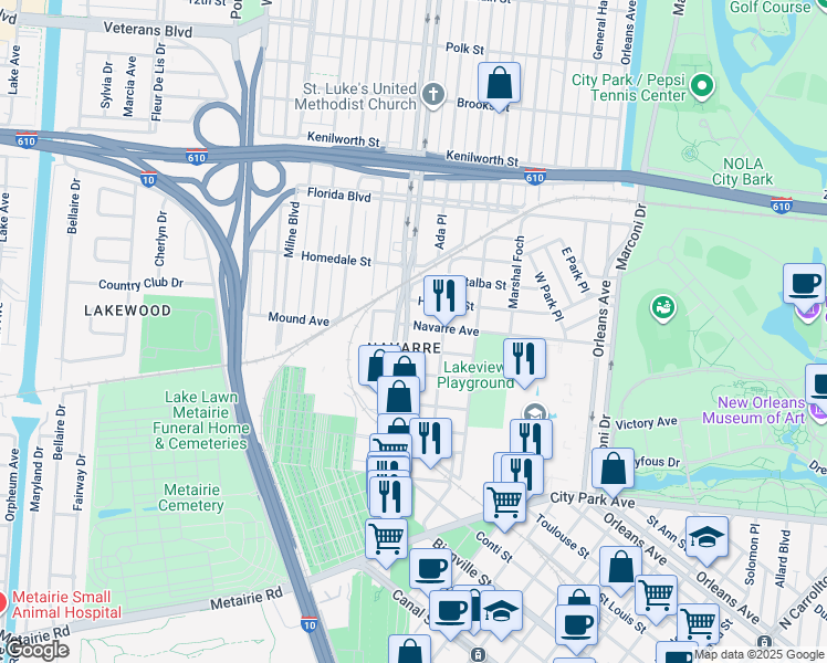 map of restaurants, bars, coffee shops, grocery stores, and more near 5495 Canal Boulevard in New Orleans