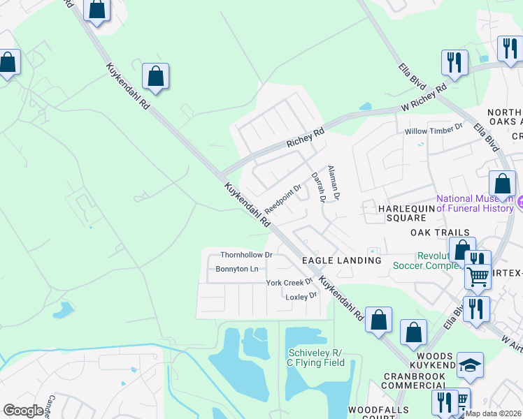 map of restaurants, bars, coffee shops, grocery stores, and more near 1334 Reed Point Drive in Houston
