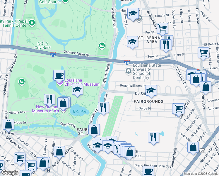 map of restaurants, bars, coffee shops, grocery stores, and more near 1910 Moss Street in New Orleans