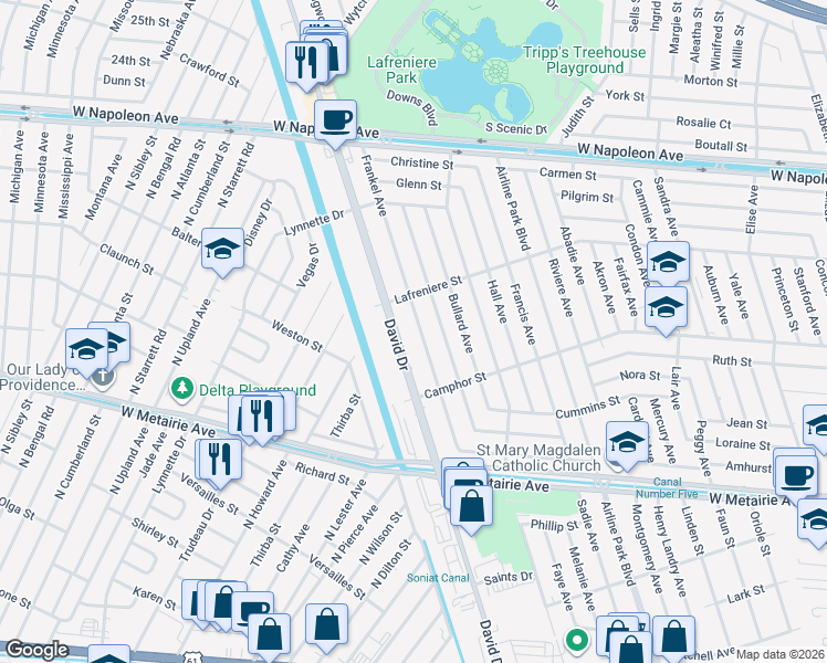 map of restaurants, bars, coffee shops, grocery stores, and more near 43 3rd Street in Metairie