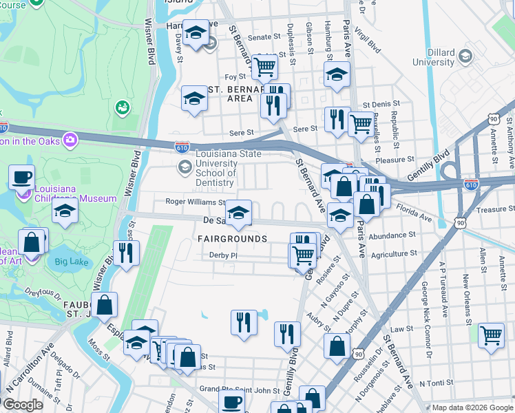 map of restaurants, bars, coffee shops, grocery stores, and more near 103 Winthrop Place in New Orleans