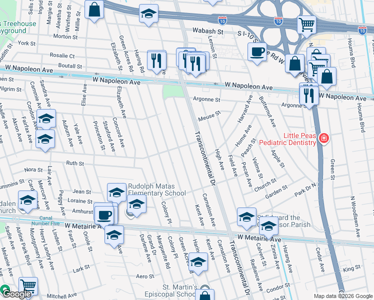 map of restaurants, bars, coffee shops, grocery stores, and more near 1511 Carnation Avenue in Metairie