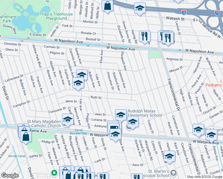 map of restaurants, bars, coffee shops, grocery stores, and more near 5805 Camphor Street in Metairie