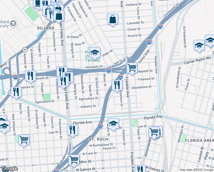 map of restaurants, bars, coffee shops, grocery stores, and more near 3013 Music Street in New Orleans