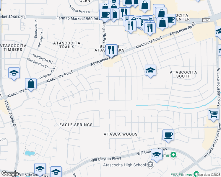 map of restaurants, bars, coffee shops, grocery stores, and more near 18711 Woodglen Shadows Drive in Humble