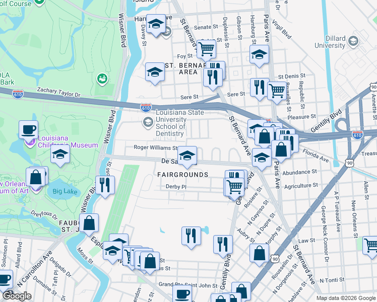 map of restaurants, bars, coffee shops, grocery stores, and more near 3338 Roger Williams Street in New Orleans