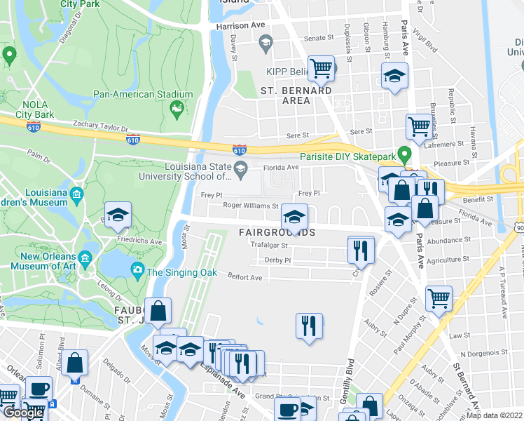 map of restaurants, bars, coffee shops, grocery stores, and more near 3402 Roger Williams Street in New Orleans