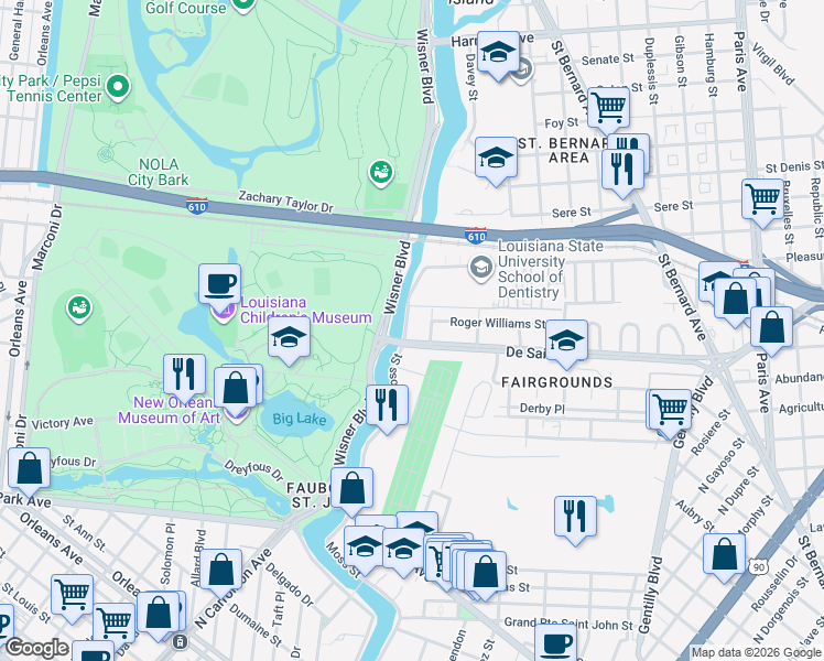 map of restaurants, bars, coffee shops, grocery stores, and more near 1910 Moss Street in New Orleans