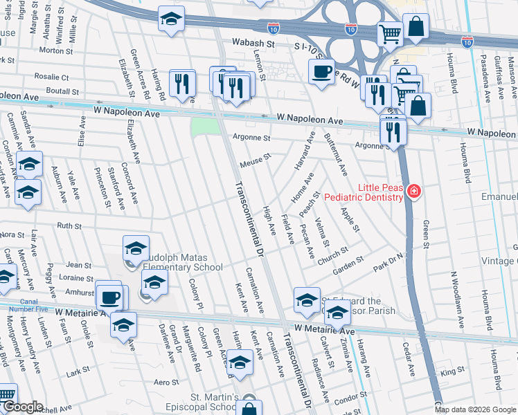 map of restaurants, bars, coffee shops, grocery stores, and more near 1501 Transcontinental Drive in Metairie