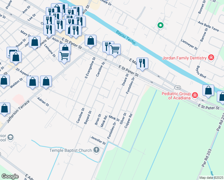 map of restaurants, bars, coffee shops, grocery stores, and more near 229 Colgin Street in New Iberia