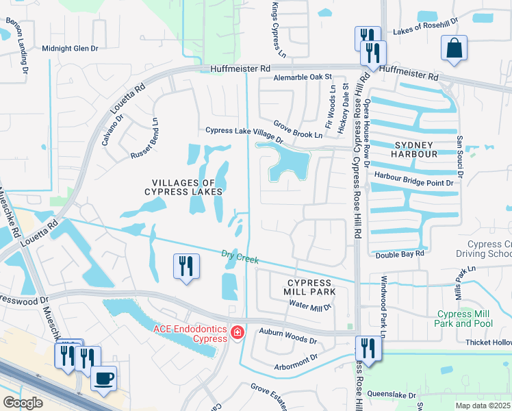 map of restaurants, bars, coffee shops, grocery stores, and more near 15003 By the Lake Way in Cypress