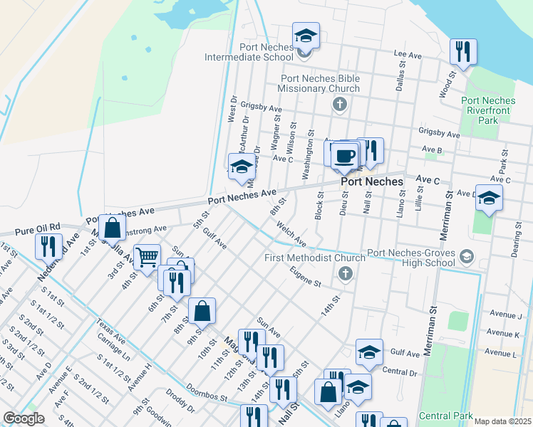 map of restaurants, bars, coffee shops, grocery stores, and more near 1802 8th Street in Port Neches