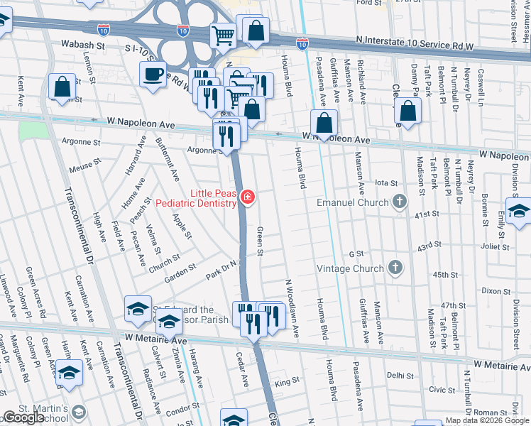 map of restaurants, bars, coffee shops, grocery stores, and more near 1604 Green Avenue in Metairie