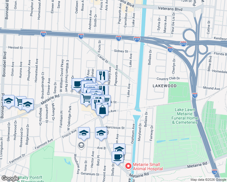 map of restaurants, bars, coffee shops, grocery stores, and more near 263 Papworth Avenue in Metairie