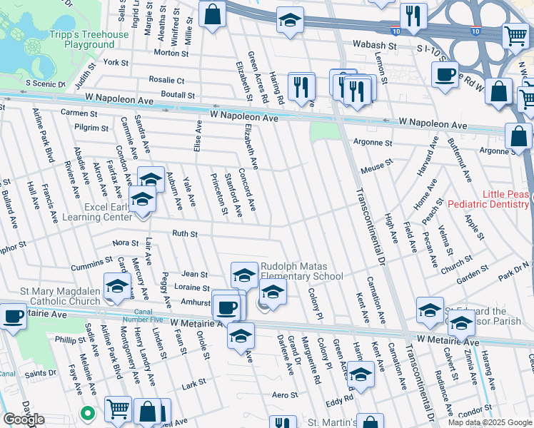 map of restaurants, bars, coffee shops, grocery stores, and more near 1613 Elizabeth Avenue in Metairie