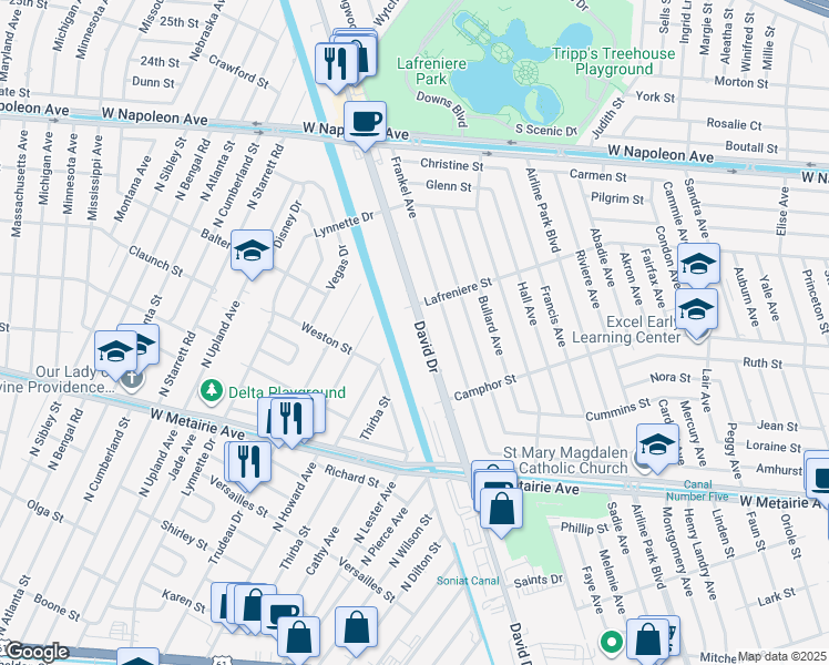 map of restaurants, bars, coffee shops, grocery stores, and more near 340 Tudor Lane in Metairie
