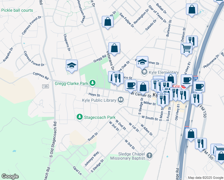 map of restaurants, bars, coffee shops, grocery stores, and more near 1005 Ranch to Market Road 150 in Kyle