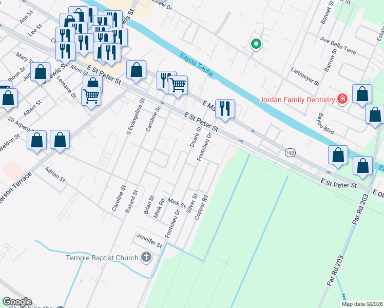 map of restaurants, bars, coffee shops, grocery stores, and more near 217 Deare Street in New Iberia