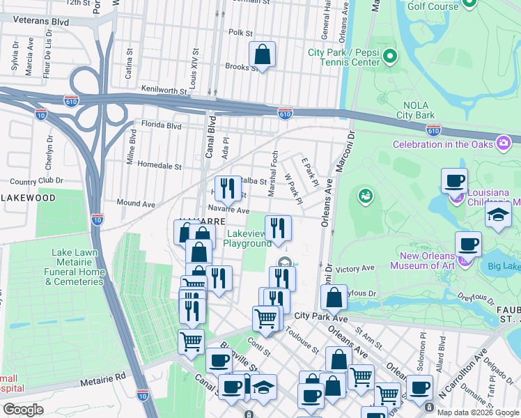 map of restaurants, bars, coffee shops, grocery stores, and more near 859 Navarre Avenue in New Orleans