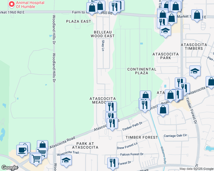 map of restaurants, bars, coffee shops, grocery stores, and more near 4935 Jasmine Meadows Lane in Humble