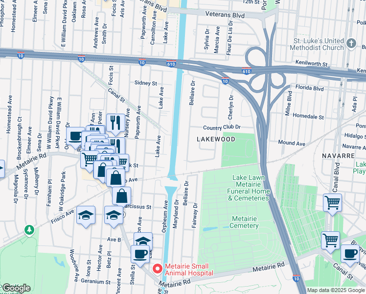 map of restaurants, bars, coffee shops, grocery stores, and more near 5424 Bellaire Drive in New Orleans