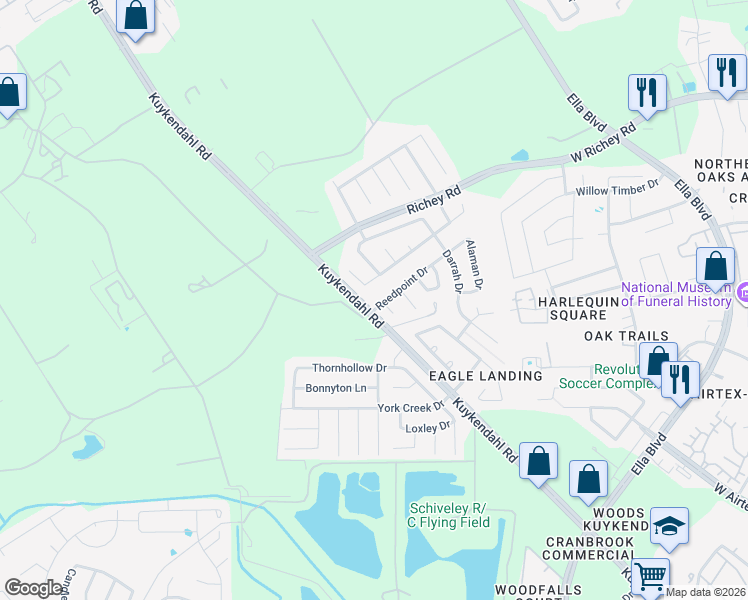 map of restaurants, bars, coffee shops, grocery stores, and more near 1334 Reed Point Drive in Houston