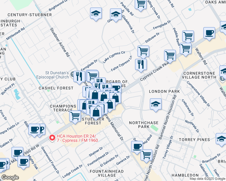 map of restaurants, bars, coffee shops, grocery stores, and more near 4232-4298 Cypress Creek Parkway in Houston