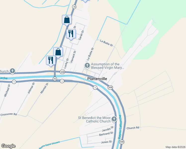 map of restaurants, bars, coffee shops, grocery stores, and more near 5586-5592 Highway 308 in Napoleonville