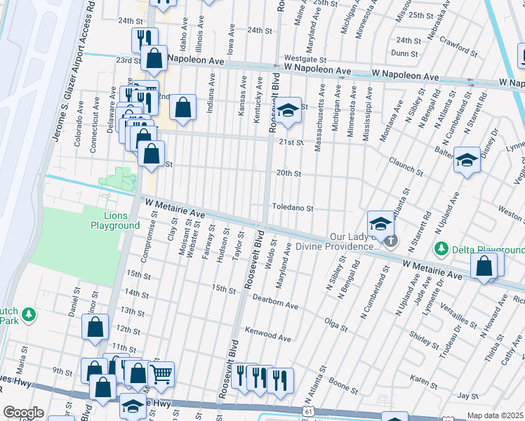 map of restaurants, bars, coffee shops, grocery stores, and more near 1935 Roosevelt Boulevard in Kenner