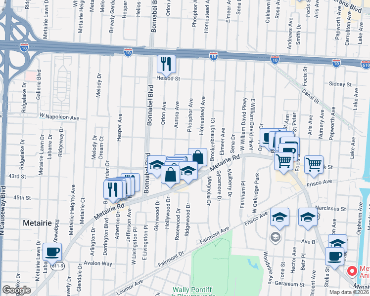 map of restaurants, bars, coffee shops, grocery stores, and more near 239 Phosphor Avenue in Metairie
