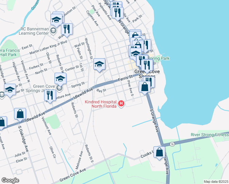 map of restaurants, bars, coffee shops, grocery stores, and more near 307 Green Street South in Green Cove Springs