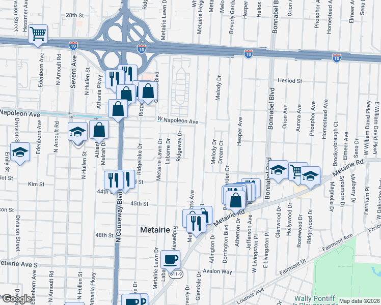 map of restaurants, bars, coffee shops, grocery stores, and more near 2443 Calhoun Street in Metairie