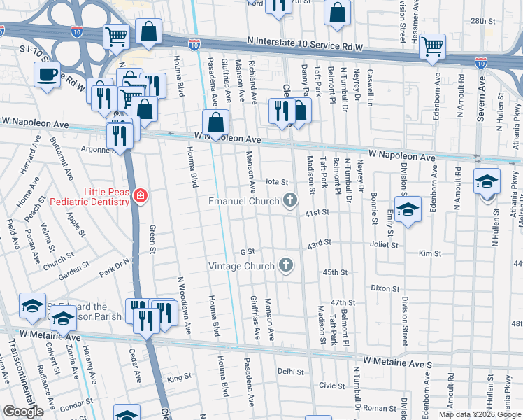 map of restaurants, bars, coffee shops, grocery stores, and more near 1801 Richland Avenue in Metairie