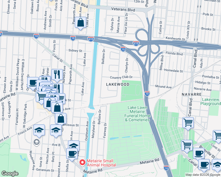 map of restaurants, bars, coffee shops, grocery stores, and more near 5439 Dayna Court in New Orleans