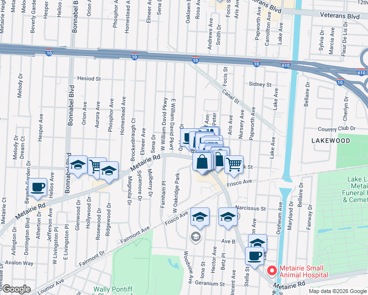 map of restaurants, bars, coffee shops, grocery stores, and more near 7 Oaklawn Drive in Metairie