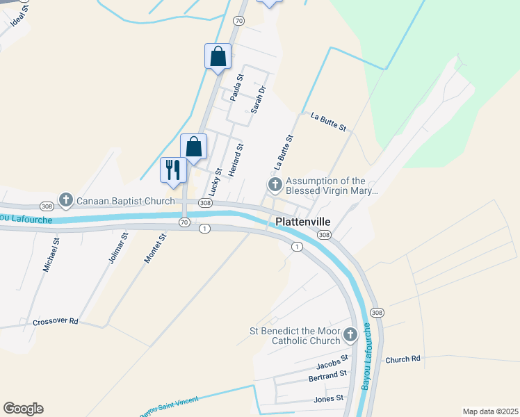 map of restaurants, bars, coffee shops, grocery stores, and more near Louisiana 308 in Plattenville