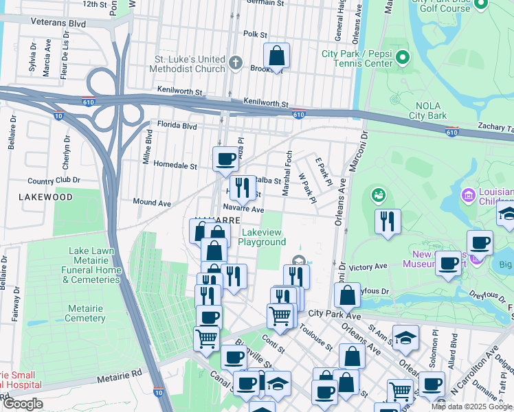 map of restaurants, bars, coffee shops, grocery stores, and more near 859 Navarre Avenue in New Orleans