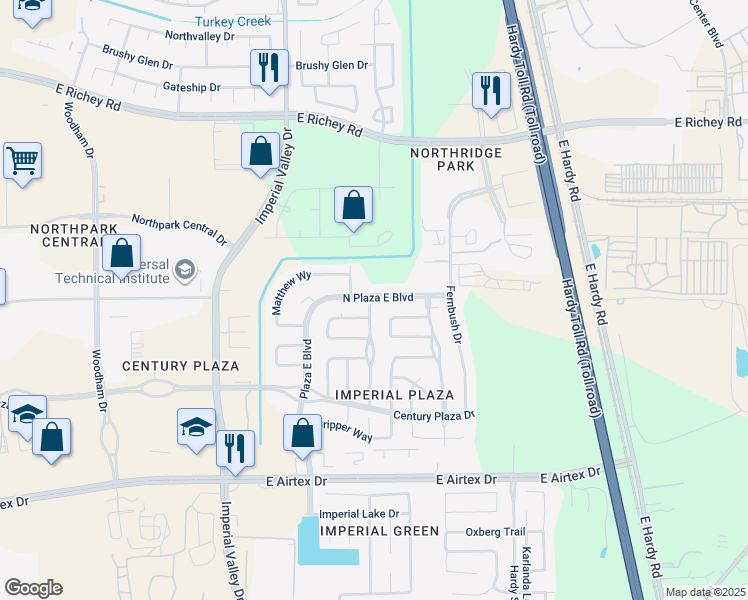 map of restaurants, bars, coffee shops, grocery stores, and more near 1127 Ashley Glen Circle in Houston