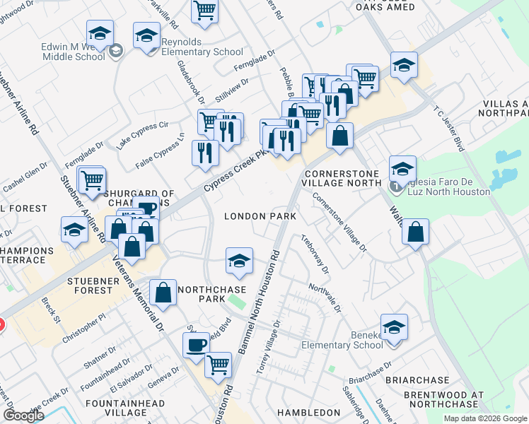 map of restaurants, bars, coffee shops, grocery stores, and more near 14545 Bammel North Houston Road in Houston