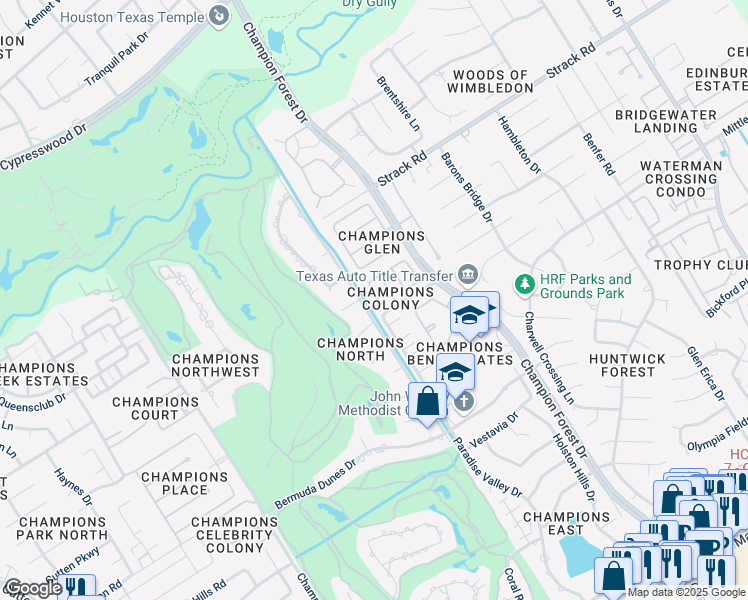 map of restaurants, bars, coffee shops, grocery stores, and more near 332 Champions Colony III in Houston