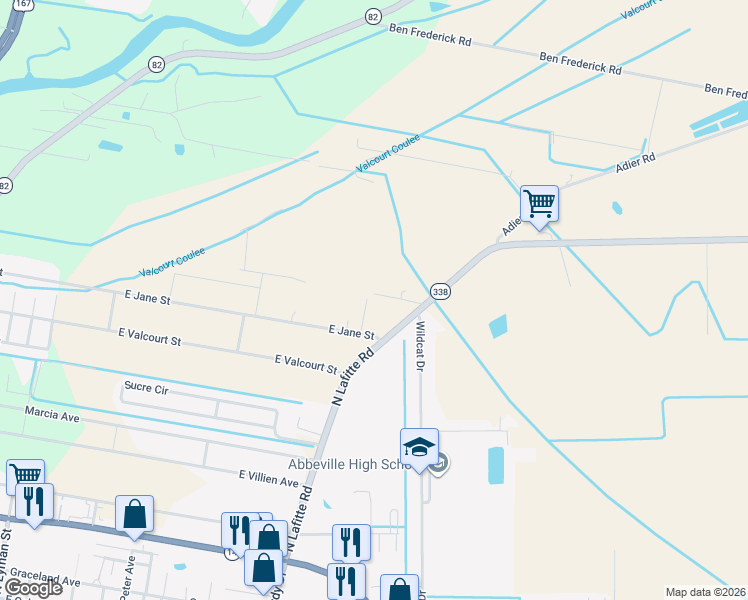 map of restaurants, bars, coffee shops, grocery stores, and more near 117 Acacia Lane in Abbeville