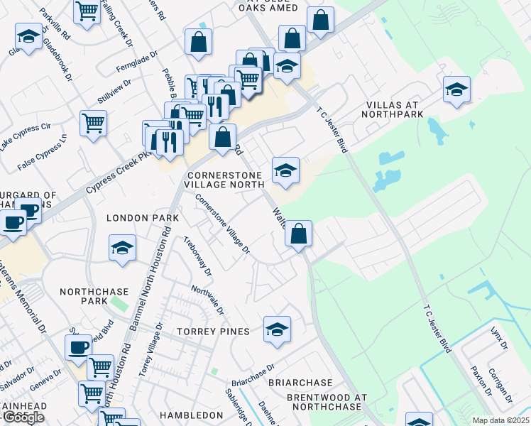 map of restaurants, bars, coffee shops, grocery stores, and more near 14111 Walters Road in Houston