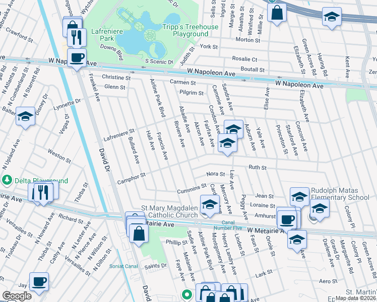 map of restaurants, bars, coffee shops, grocery stores, and more near 1509 Airline Park Boulevard in Metairie