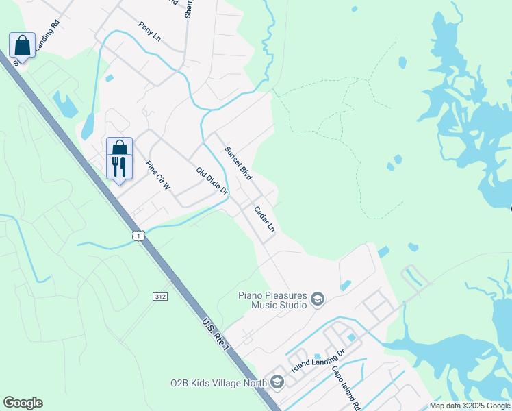map of restaurants, bars, coffee shops, grocery stores, and more near 6237 Cedar Lane in St. Augustine