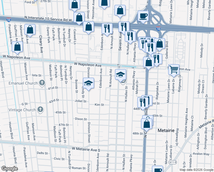 map of restaurants, bars, coffee shops, grocery stores, and more near 1900 Woods Drive in Metairie