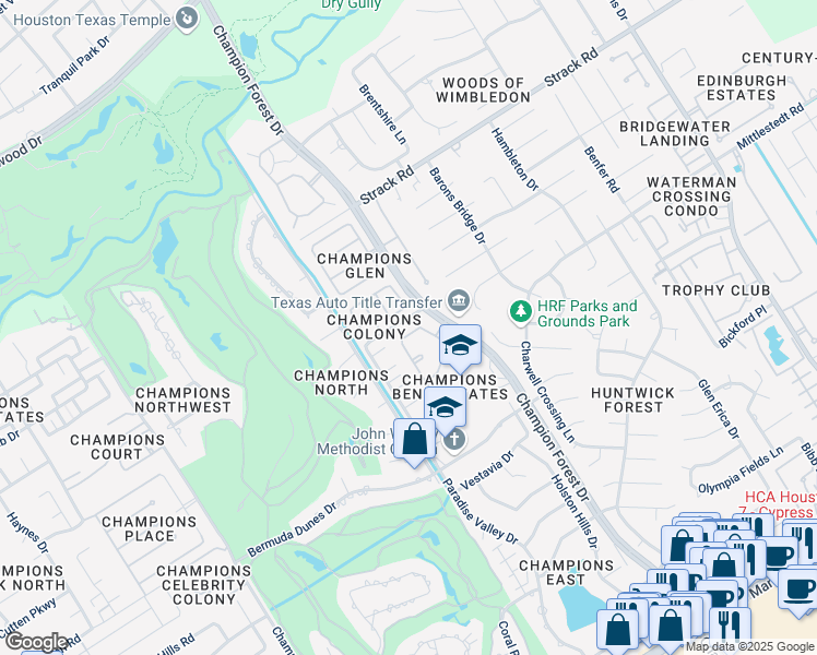 map of restaurants, bars, coffee shops, grocery stores, and more near 10 Champions Bend Circle in Houston