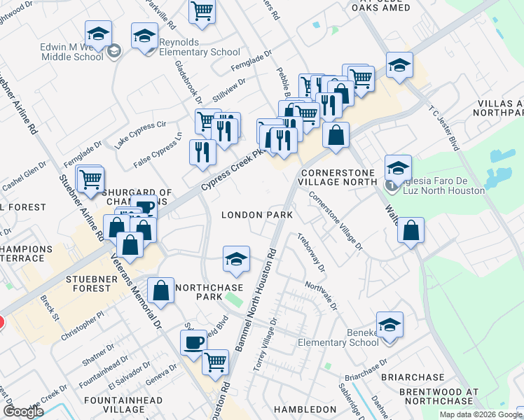 map of restaurants, bars, coffee shops, grocery stores, and more near 14545 Bammel North Houston Road in Houston